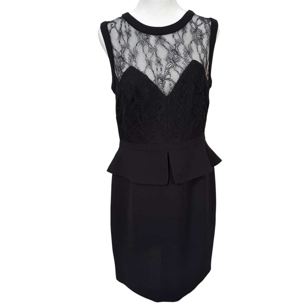 Sandro Paris Black Lace Peplum‎ Dress 3 Large Sheer Illusion Cocktail Party